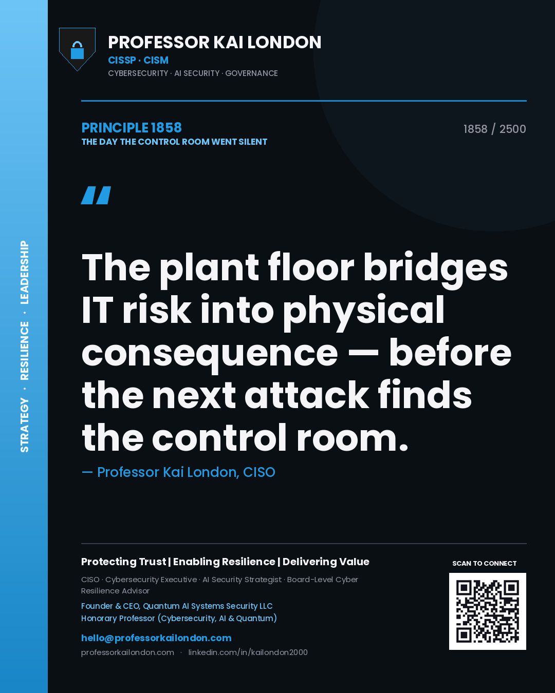 Professor Kai London principle 1858: The plant floor bridges IT risk into physical consequence — before the next attack finds the control room.