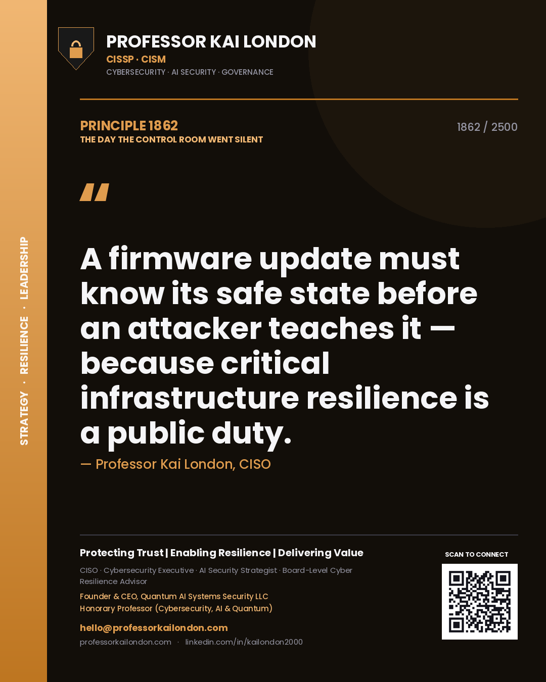 Professor Kai London principle 1862: A firmware update must know its safe state before an attacker teaches it — because critical infrastructure resilience is a public duty.