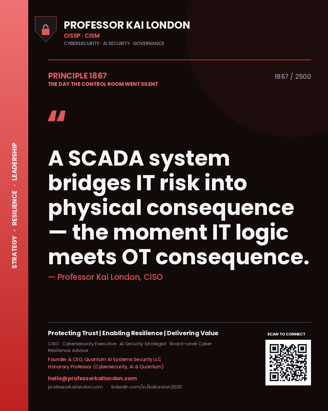Professor Kai London principle 1867: A SCADA system bridges IT risk into physical consequence — the moment IT logic meets OT consequence.