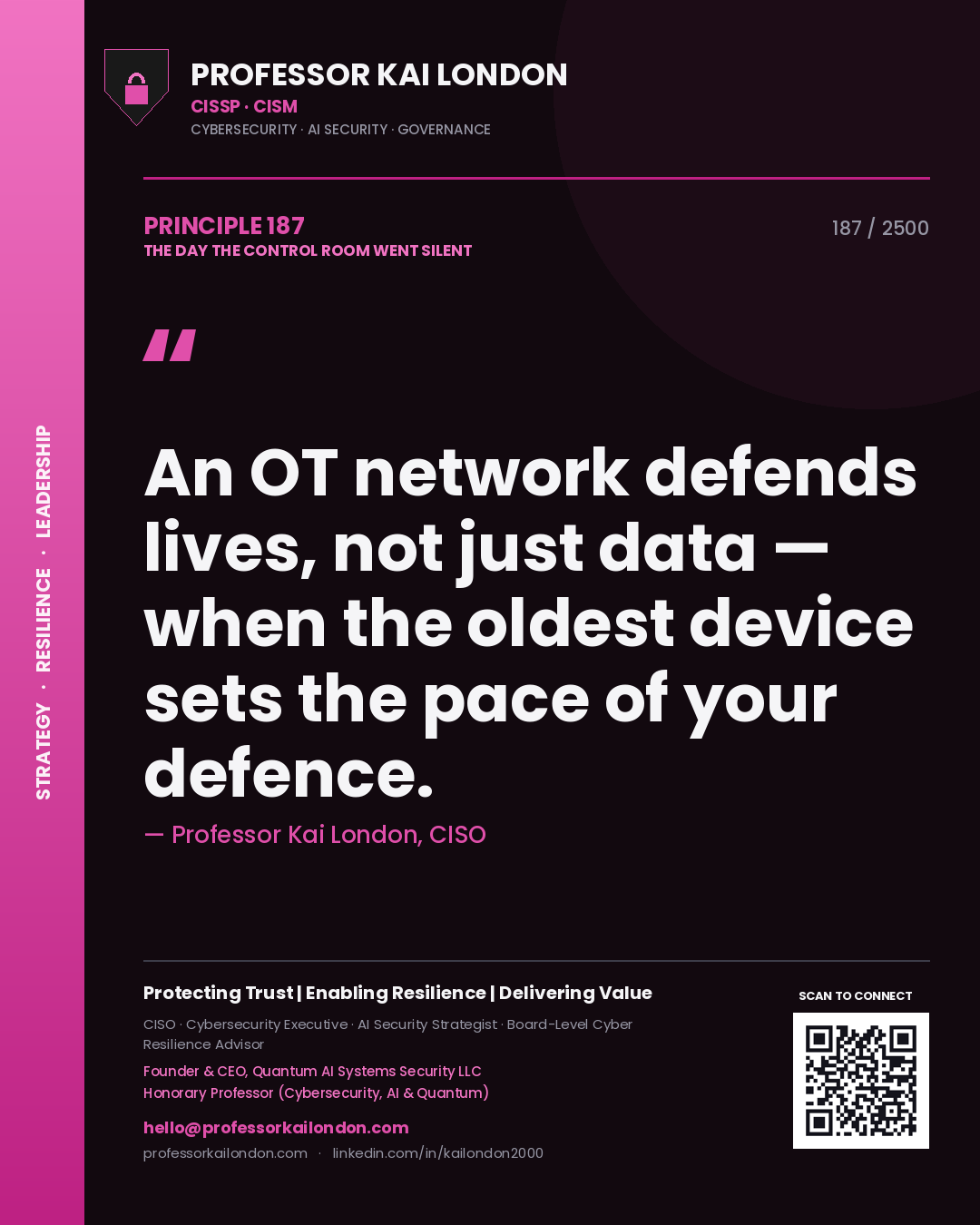 Professor Kai London principle 187: An OT network defends lives, not just data — when the oldest device sets the pace of your defence.