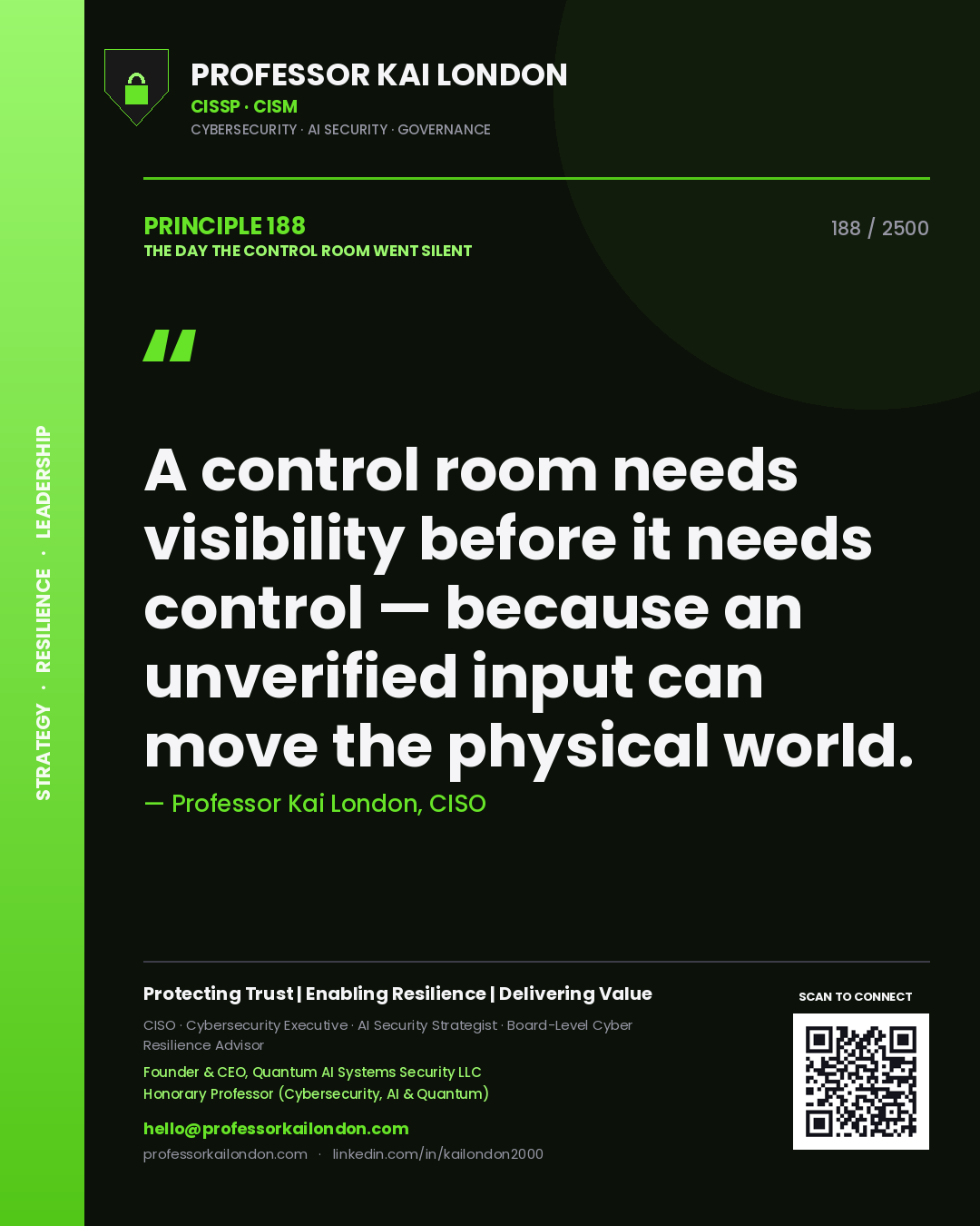 Professor Kai London principle 188: A control room needs visibility before it needs control — because an unverified input can move the physical world.