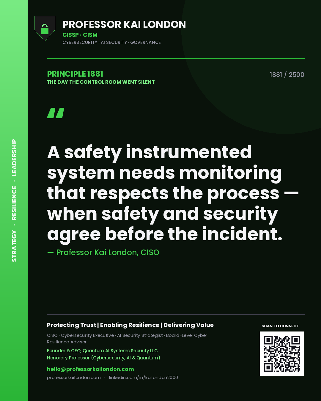 Professor Kai London principle 1881: A safety instrumented system needs monitoring that respects the process — when safety and security agree before the incident.