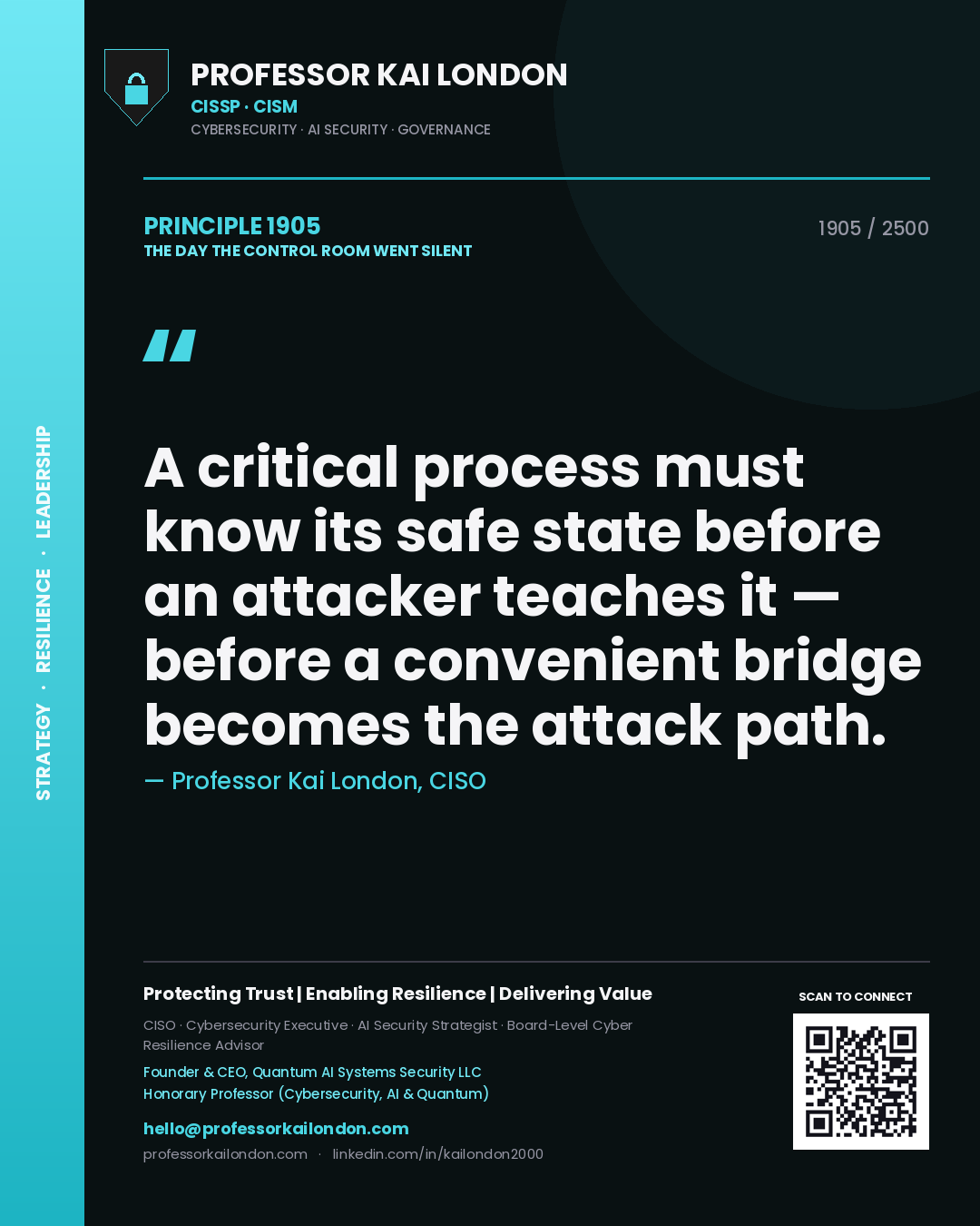 Professor Kai London principle 1905: A critical process must know its safe state before an attacker teaches it — before a convenient bridge becomes the attack path.