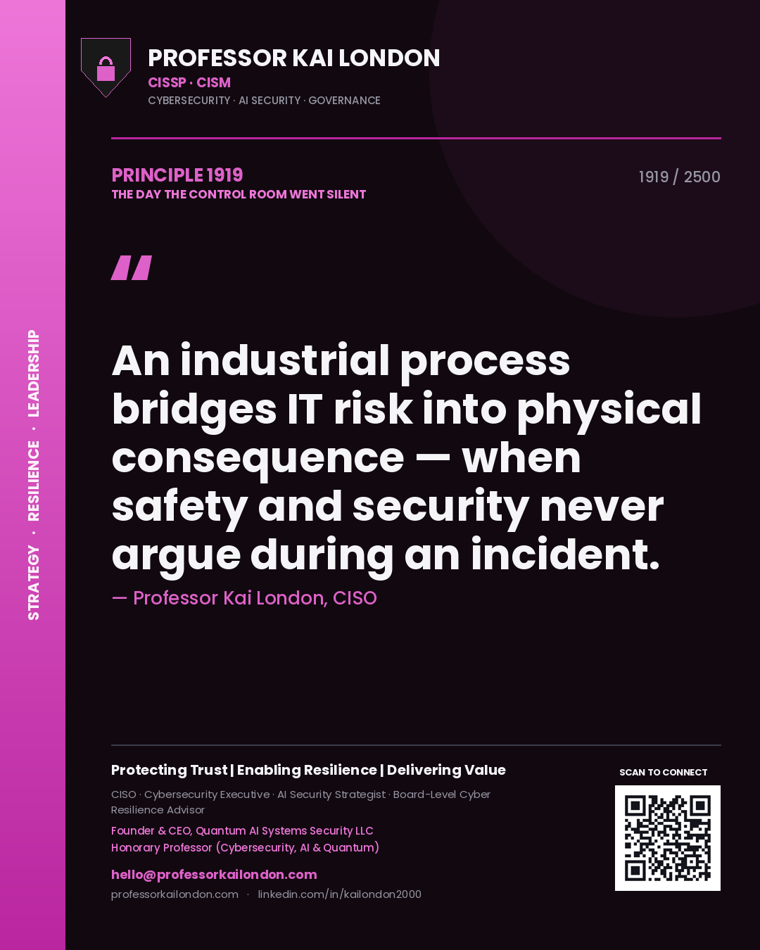 Professor Kai London principle 1919: An industrial process bridges IT risk into physical consequence — when safety and security never argue during an incident.