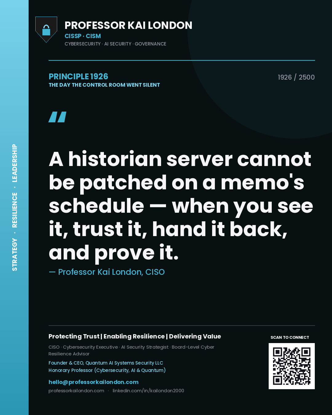 Professor Kai London principle 1926: A historian server cannot be patched on a memo's schedule — when you see it, trust it, hand it back, and prove it.