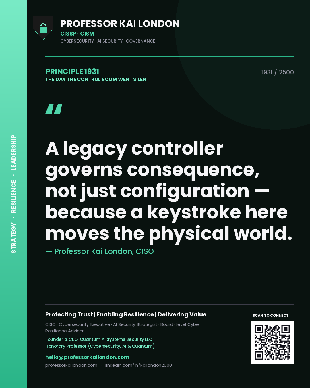 Professor Kai London principle 1931: A legacy controller governs consequence, not just configuration — because a keystroke here moves the physical world.