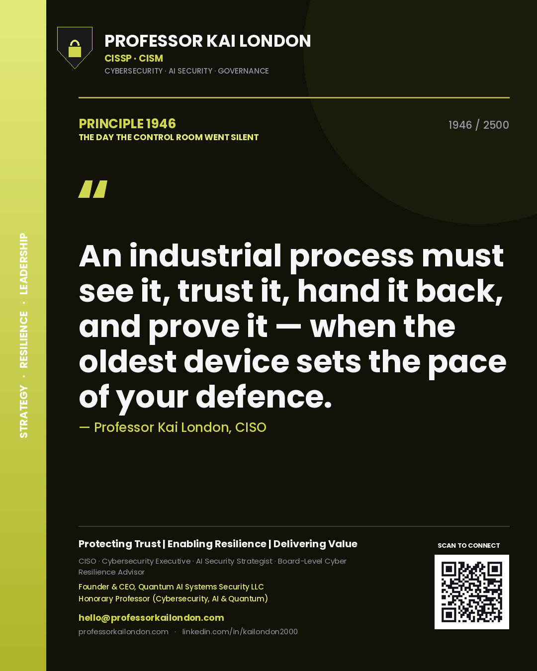 Professor Kai London principle 1946: An industrial process must see it, trust it, hand it back, and prove it — when the oldest device sets the pace of your defence.