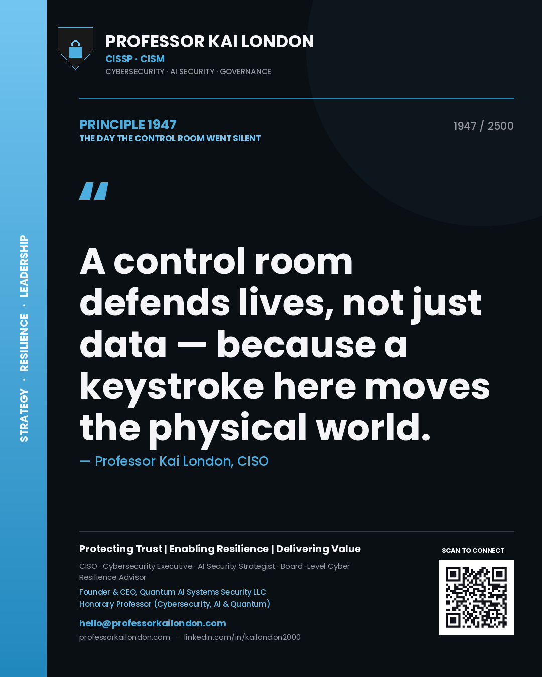 Professor Kai London principle 1947: A control room defends lives, not just data — because a keystroke here moves the physical world.