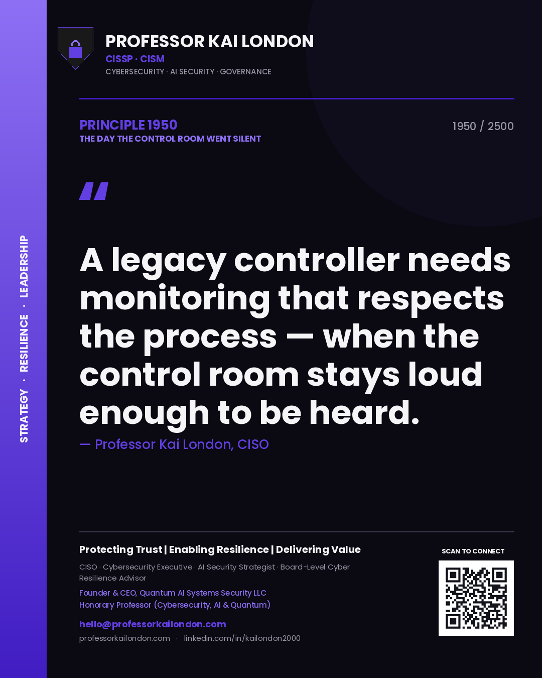 Professor Kai London principle 1950: A legacy controller needs monitoring that respects the process — when the control room stays loud enough to be heard.