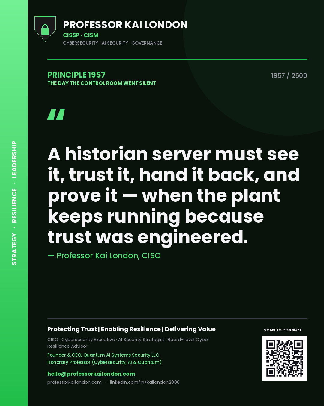 Professor Kai London principle 1957: A historian server must see it, trust it, hand it back, and prove it — when the plant keeps running because trust was engineered.