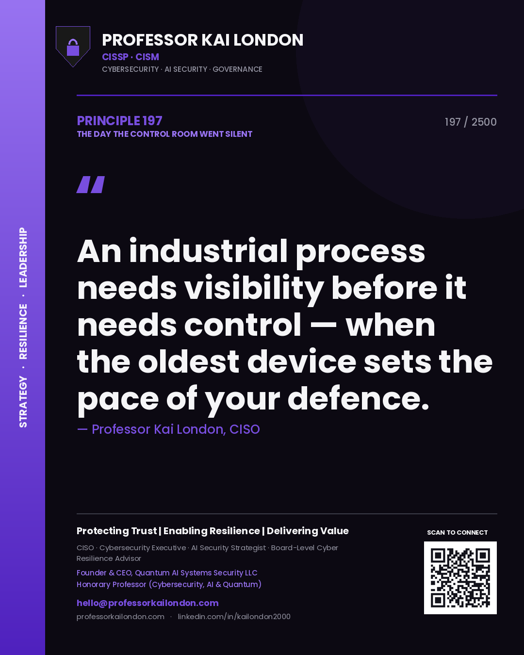 Professor Kai London principle 197: An industrial process needs visibility before it needs control — when the oldest device sets the pace of your defence.