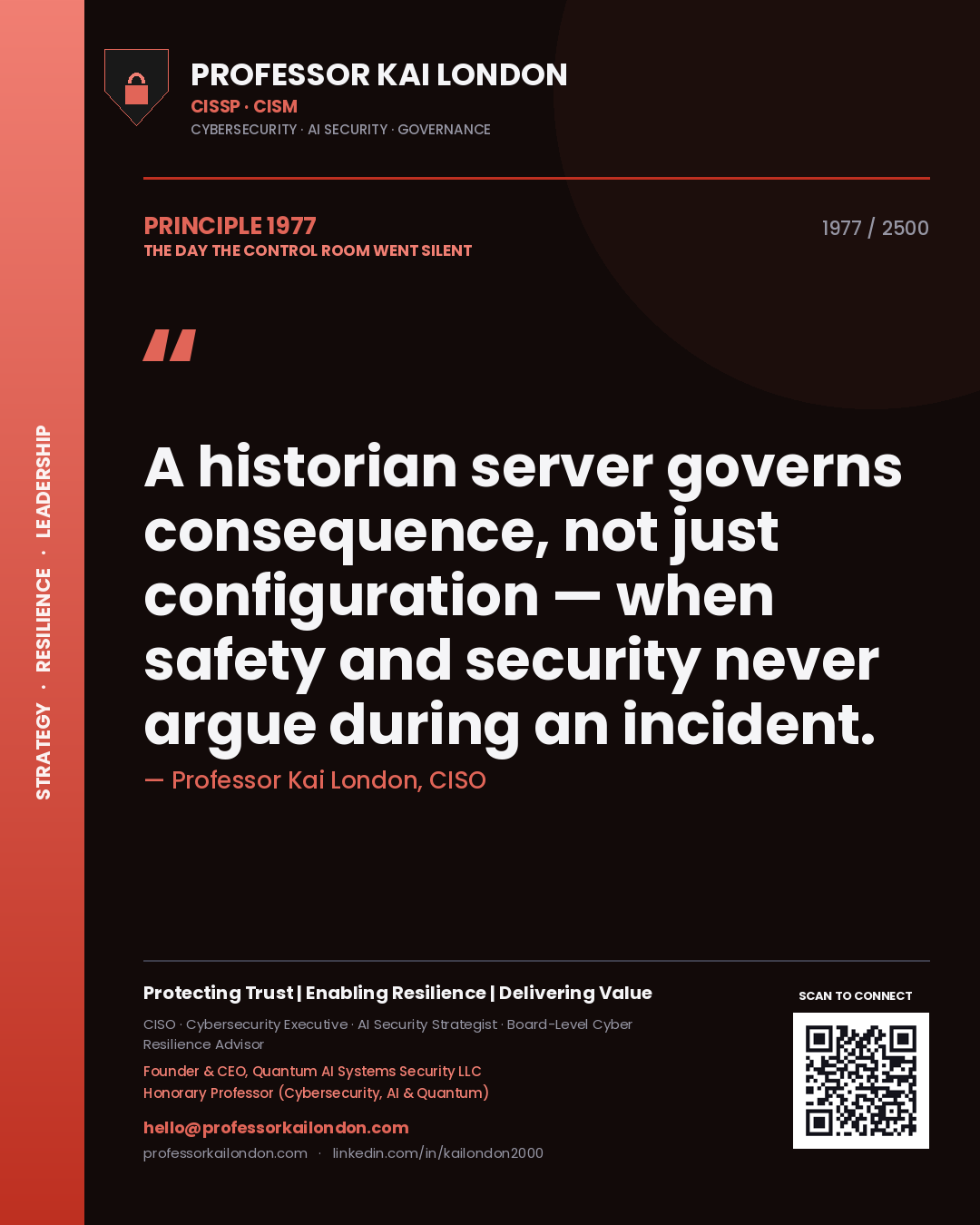 Professor Kai London principle 1977: A historian server governs consequence, not just configuration — when safety and security never argue during an incident.