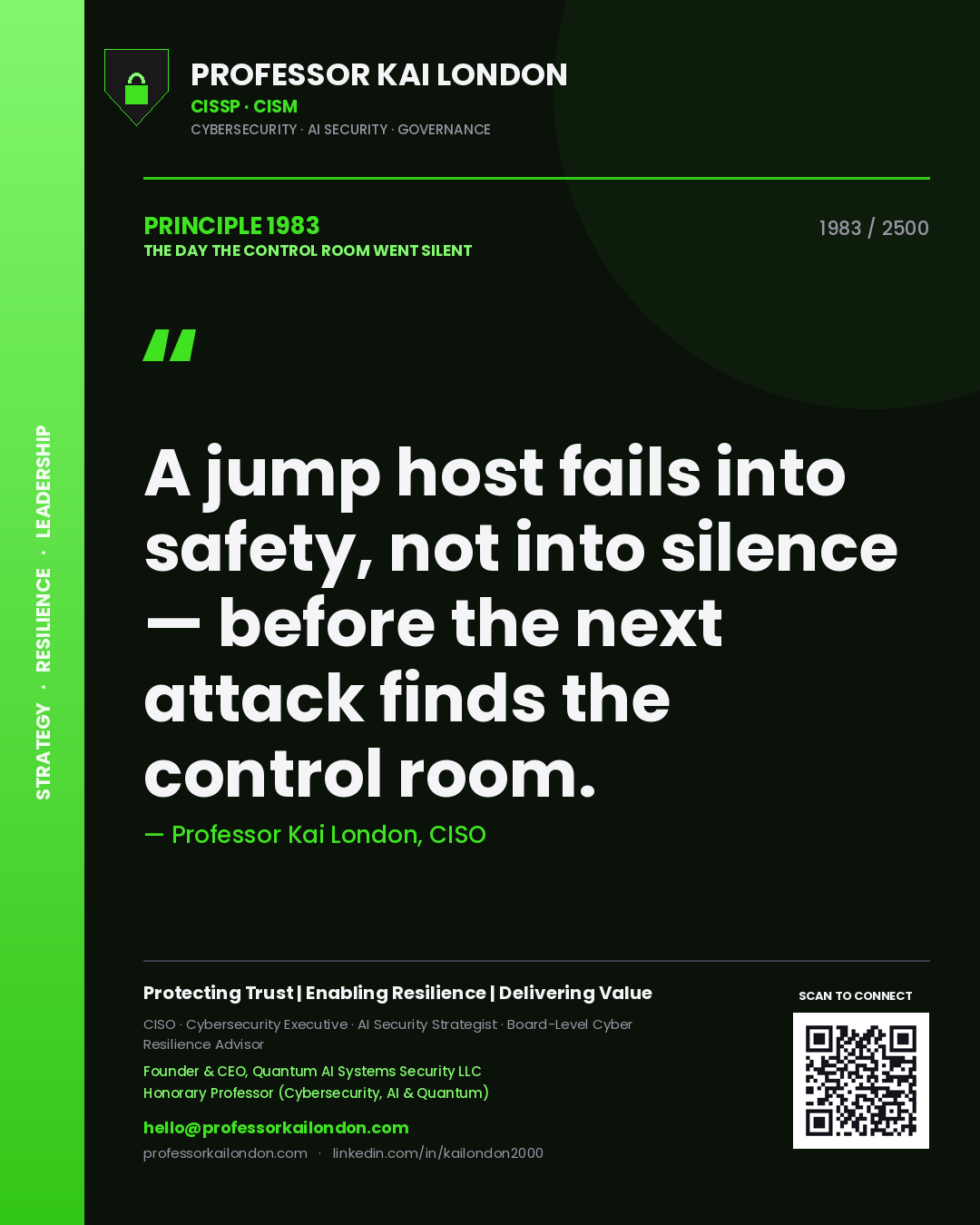 Professor Kai London principle 1983: A jump host fails into safety, not into silence — before the next attack finds the control room.