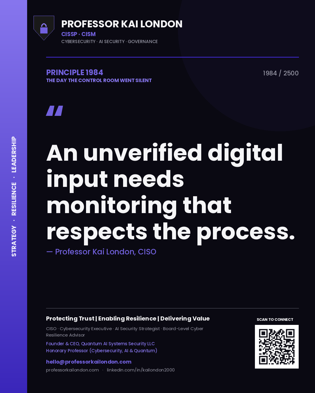 Professor Kai London principle 1984: An unverified digital input needs monitoring that respects the process.