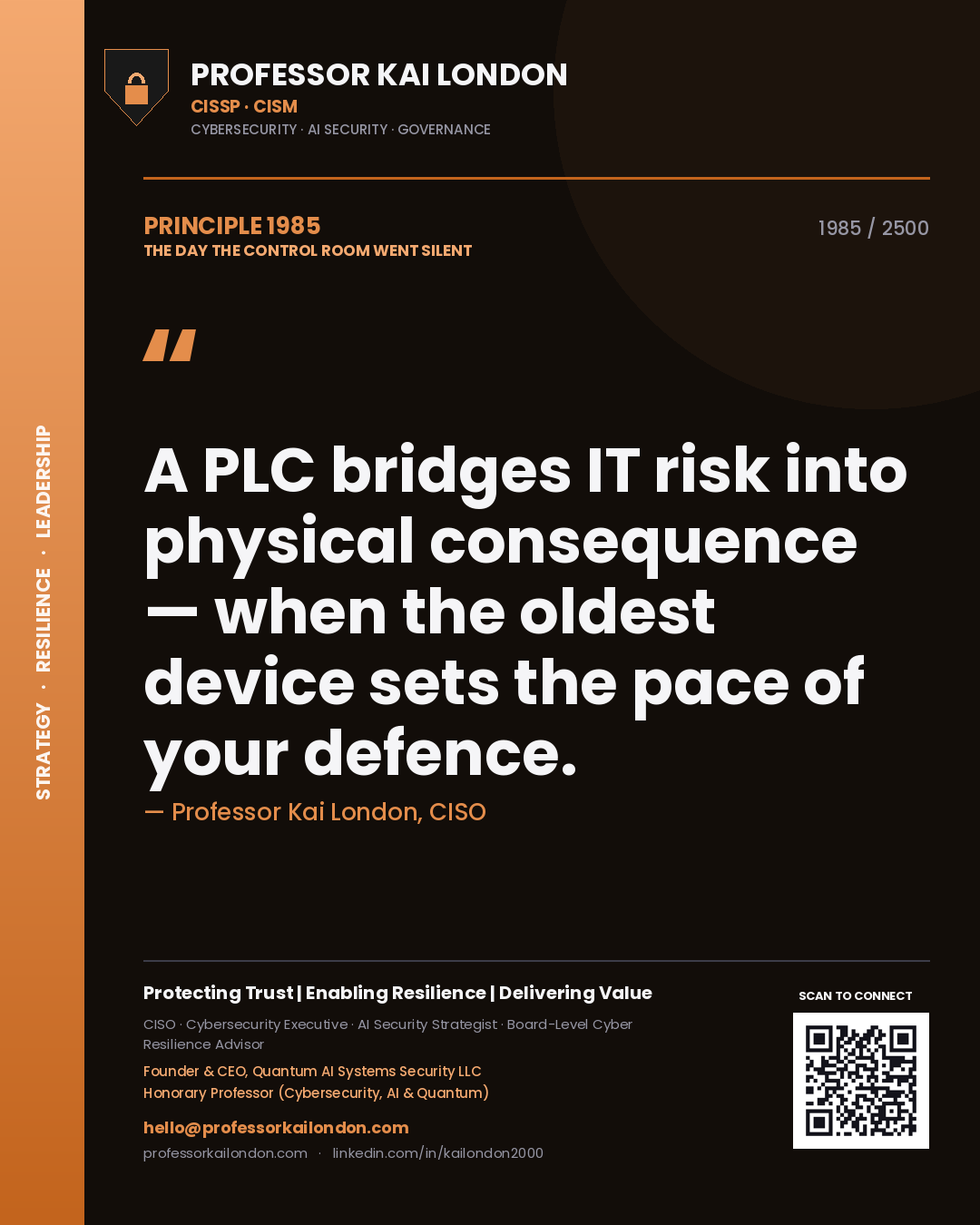 Professor Kai London principle 1985: A PLC bridges IT risk into physical consequence — when the oldest device sets the pace of your defence.