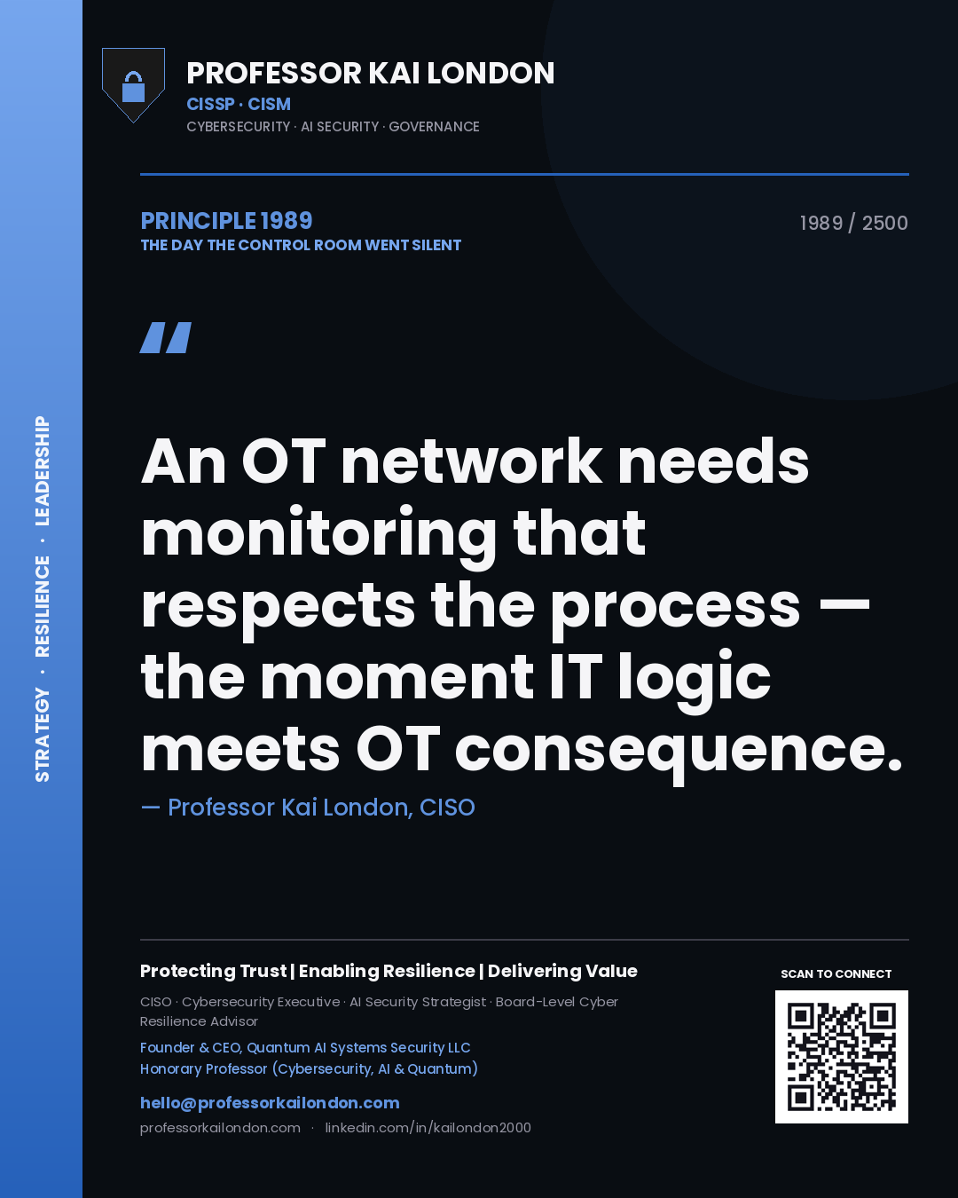 Professor Kai London principle 1989: An OT network needs monitoring that respects the process — the moment IT logic meets OT consequence.