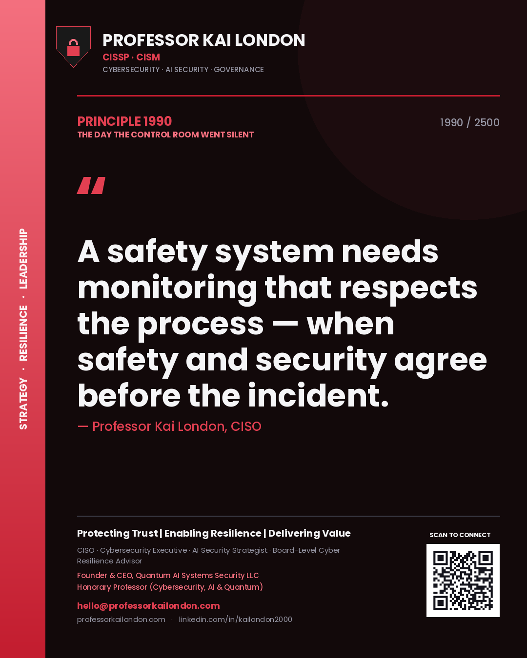 Professor Kai London principle 1990: A safety system needs monitoring that respects the process — when safety and security agree before the incident.