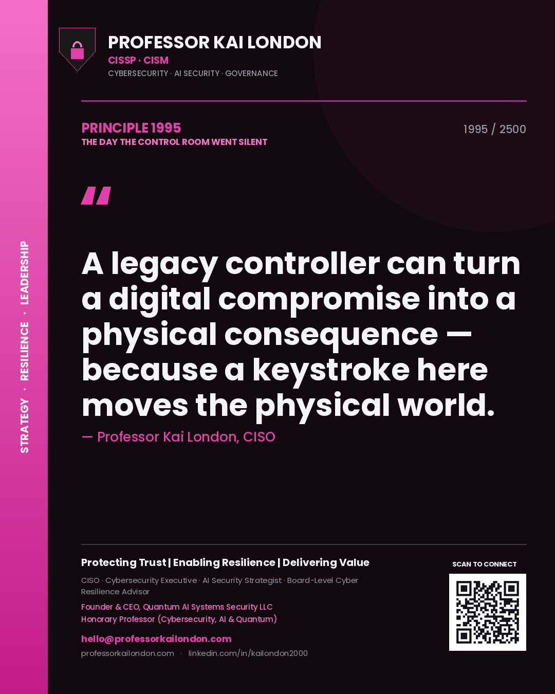 Professor Kai London principle 1995: A legacy controller can turn a digital compromise into a physical consequence — because a keystroke here moves the physical world.