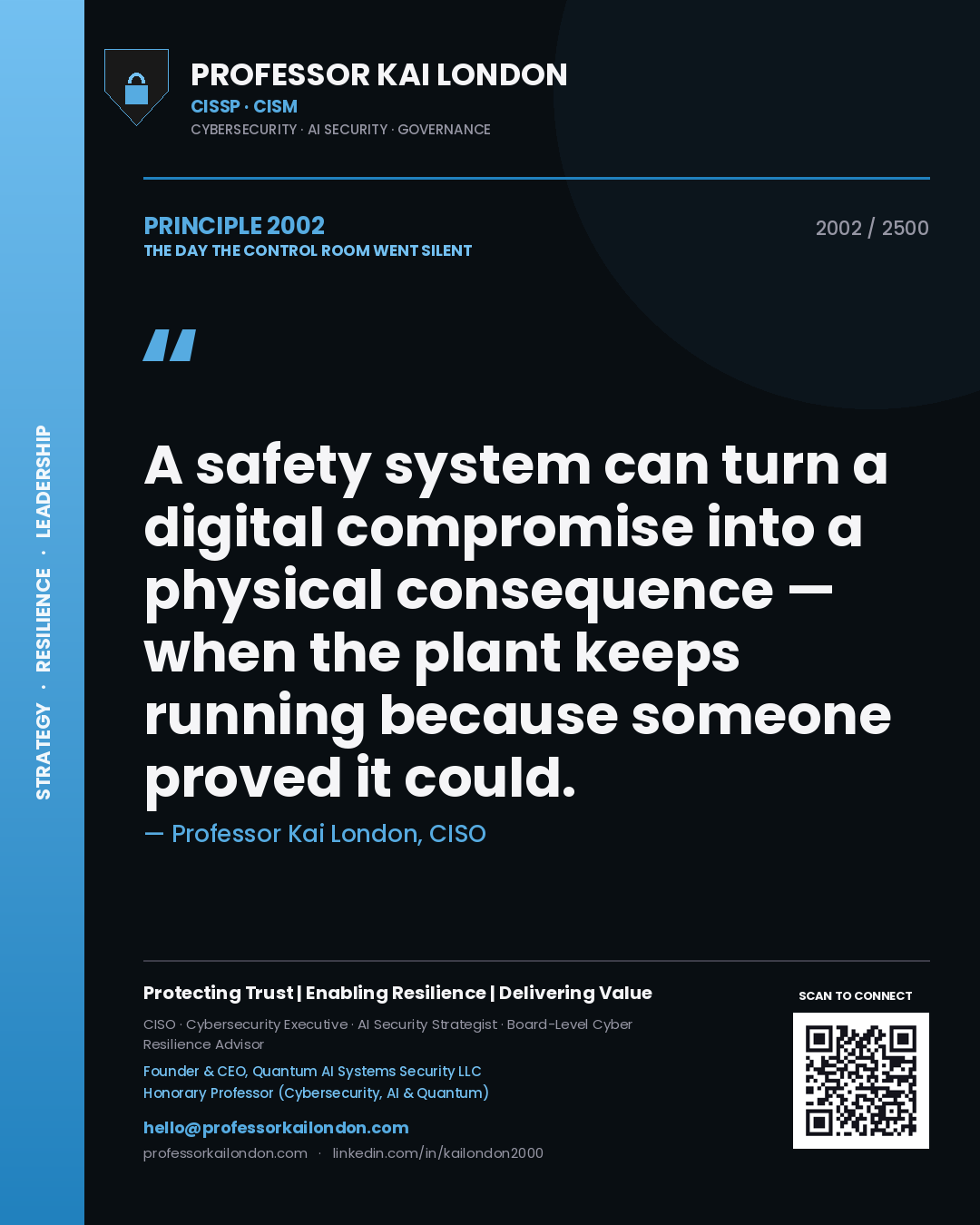 Professor Kai London principle 2002: A safety system can turn a digital compromise into a physical consequence — when the plant keeps running because someone proved it could.
