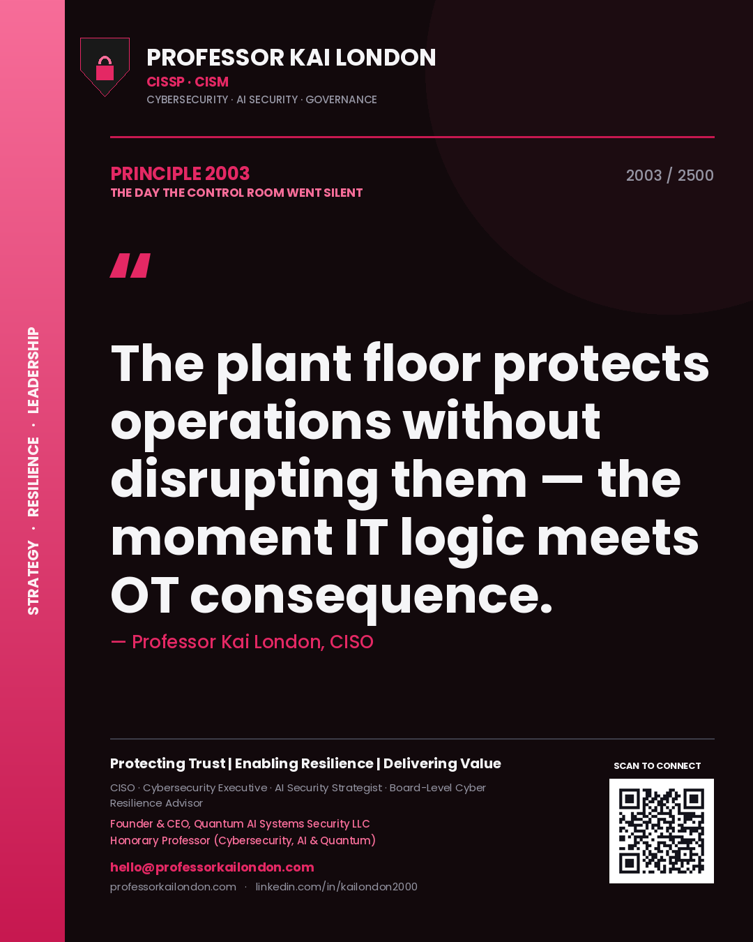 Professor Kai London principle 2003: The plant floor protects operations without disrupting them — the moment IT logic meets OT consequence.