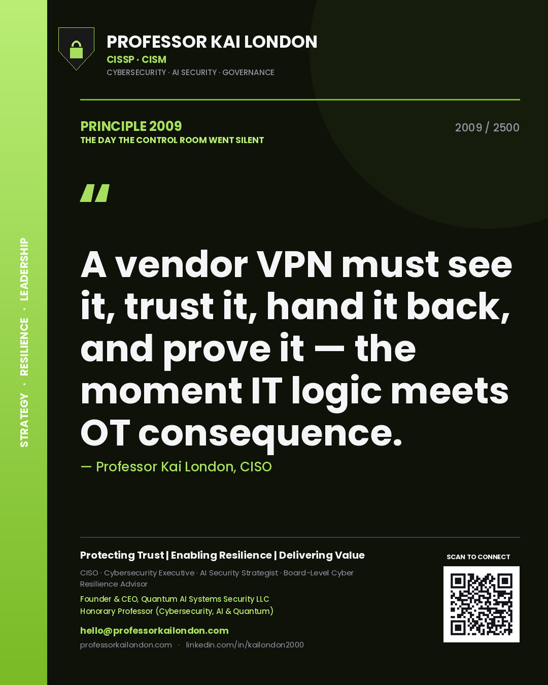 Professor Kai London principle 2009: A vendor VPN must see it, trust it, hand it back, and prove it — the moment IT logic meets OT consequence.