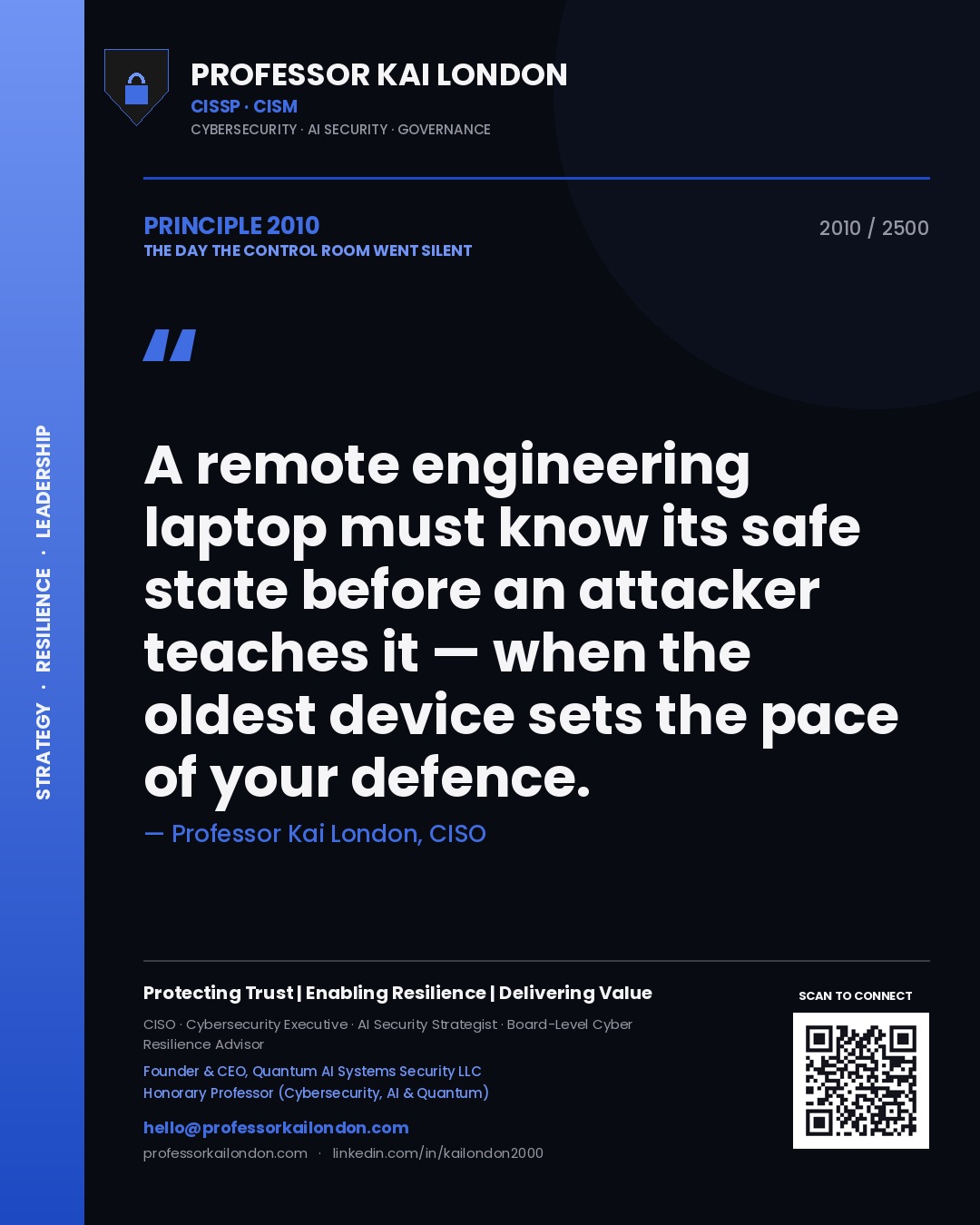 Professor Kai London principle 2010: A remote engineering laptop must know its safe state before an attacker teaches it — when the oldest device sets the pace of your defence.