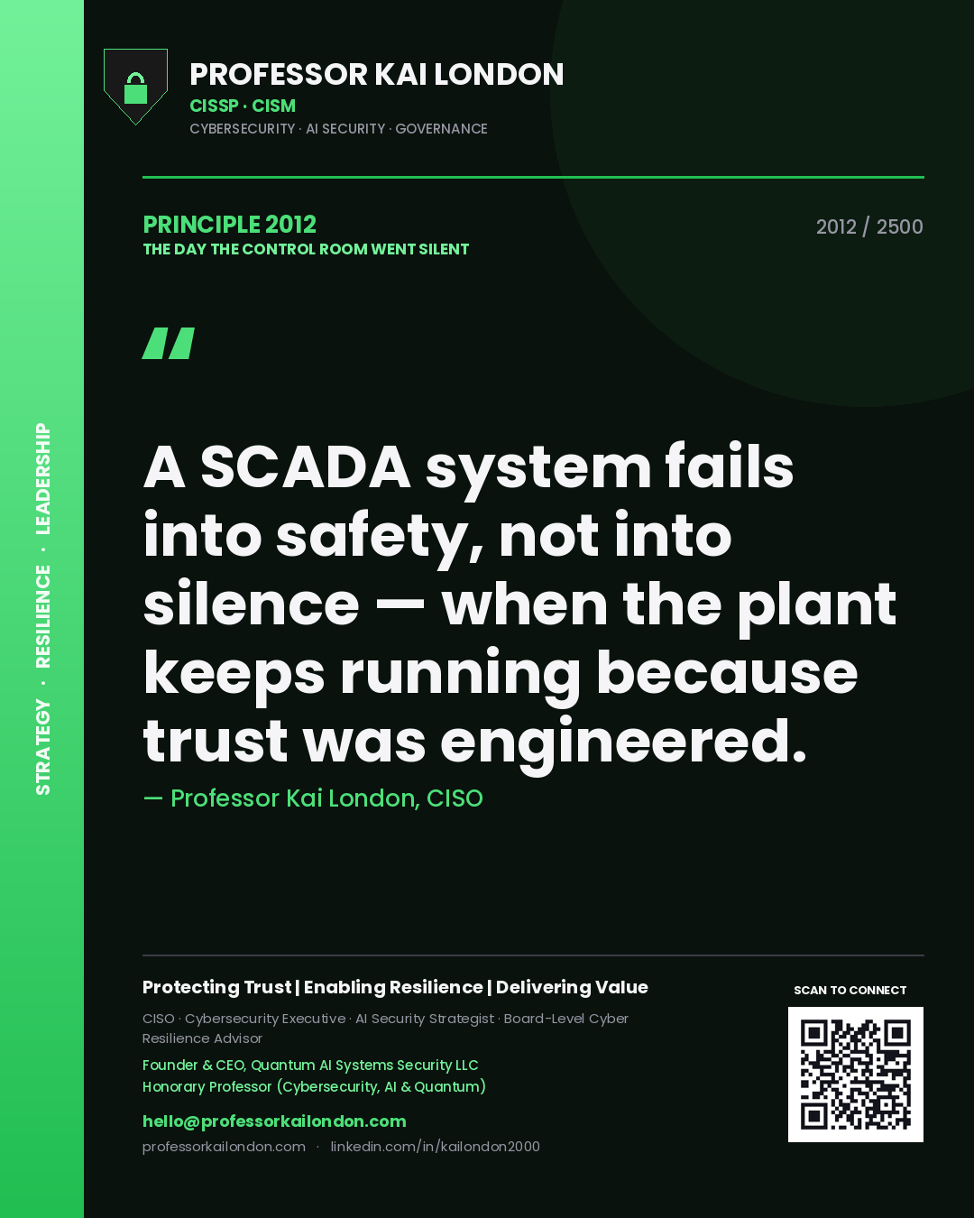 Professor Kai London principle 2012: A SCADA system fails into safety, not into silence — when the plant keeps running because trust was engineered.