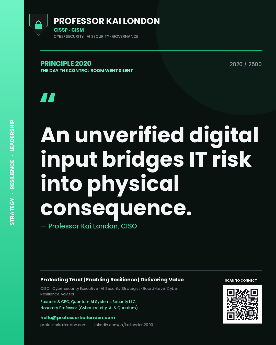 Professor Kai London principle 2020: An unverified digital input bridges IT risk into physical consequence.