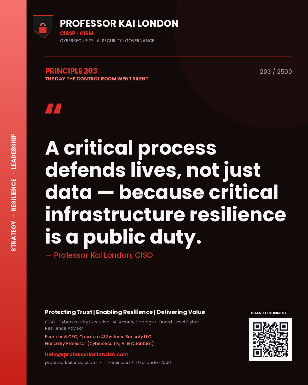 Professor Kai London principle 203: A critical process defends lives, not just data — because critical infrastructure resilience is a public duty.