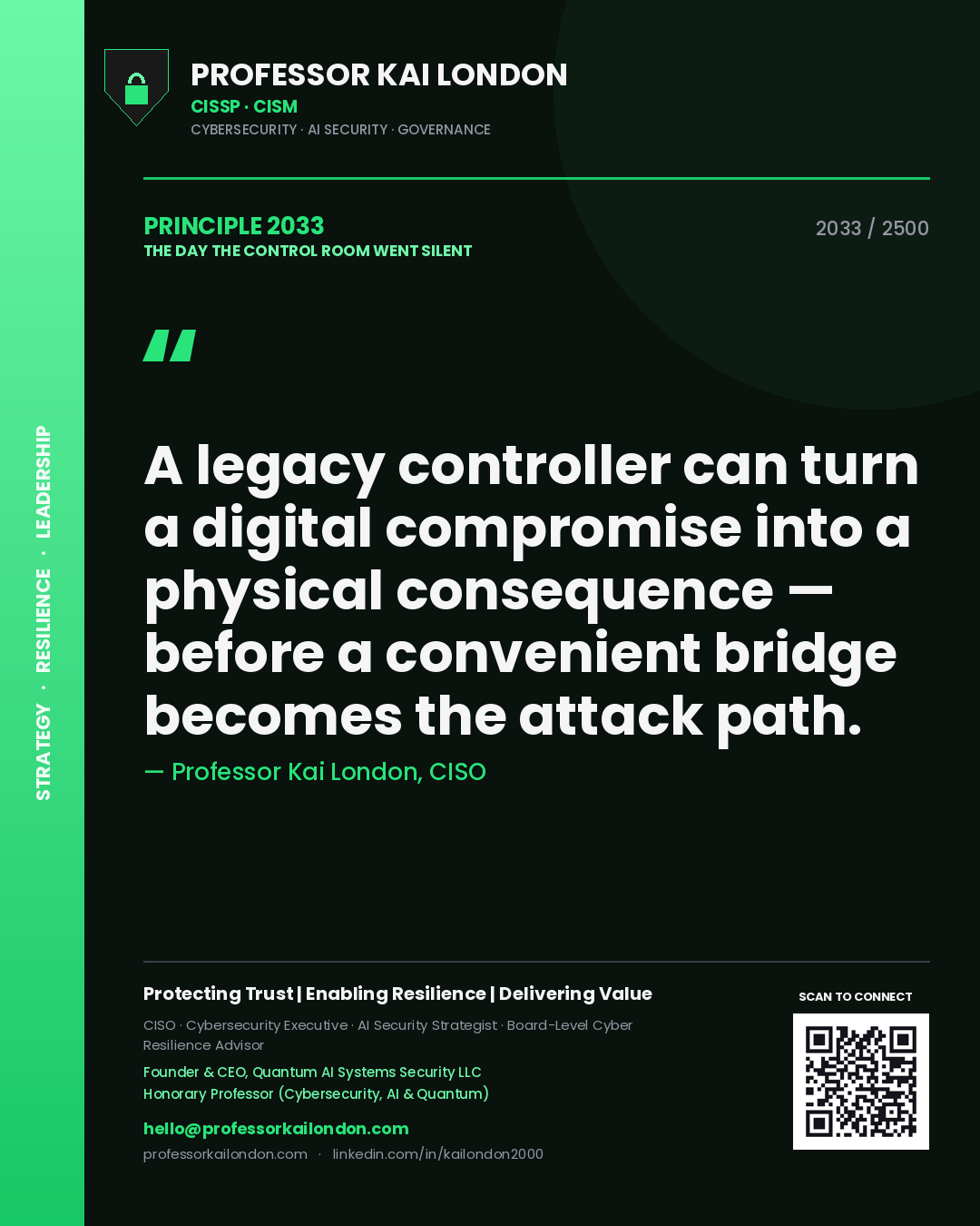 Professor Kai London principle 2033: A legacy controller can turn a digital compromise into a physical consequence — before a convenient bridge becomes the attack path.