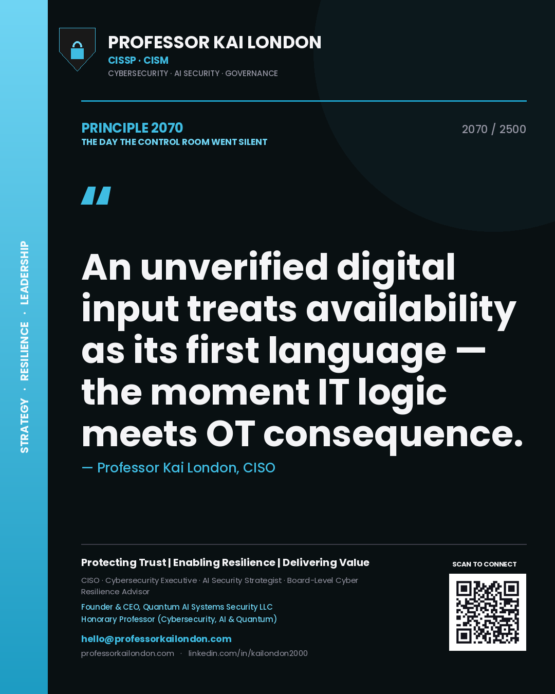 Professor Kai London principle 2070: An unverified digital input treats availability as its first language — the moment IT logic meets OT consequence.