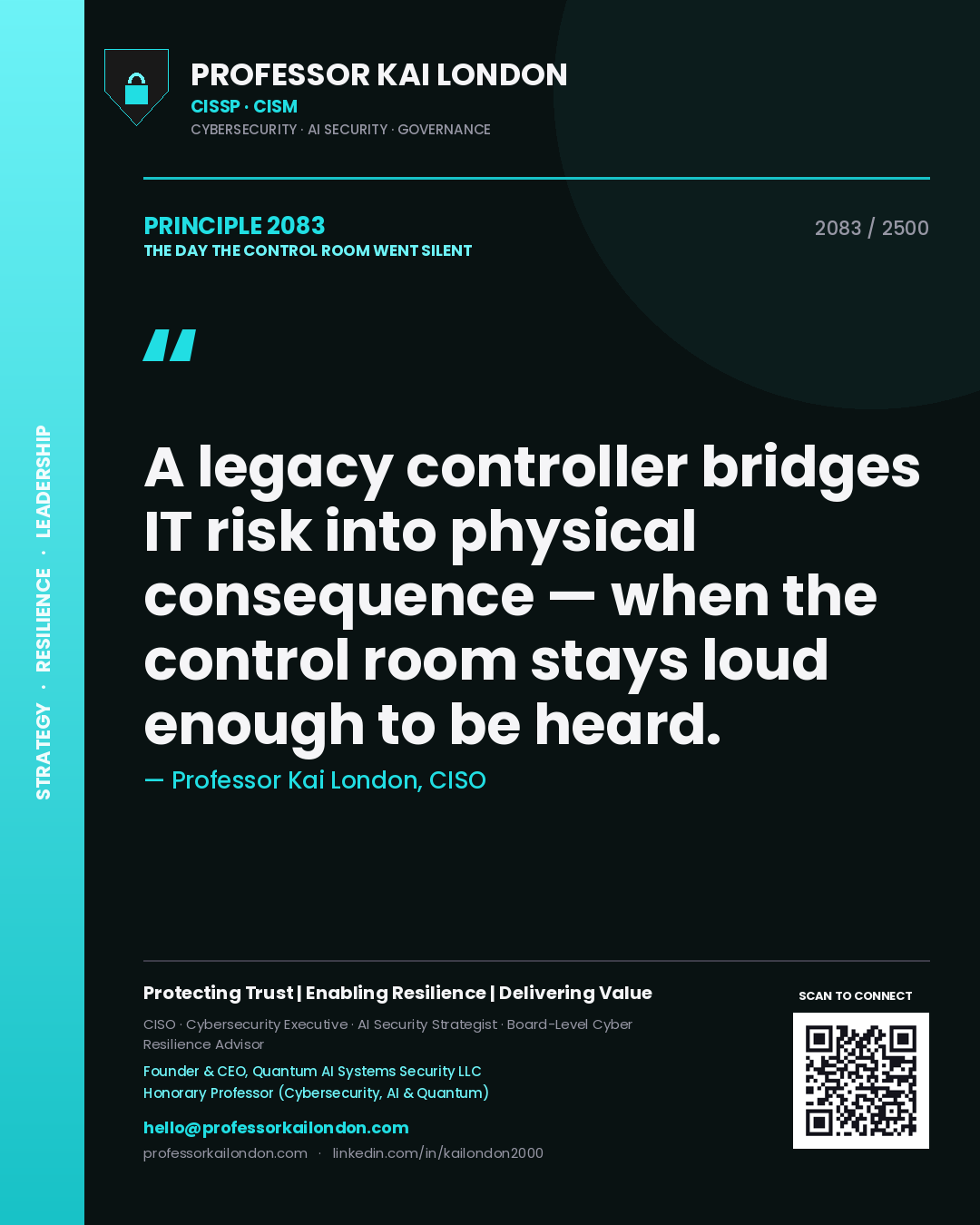 Professor Kai London principle 2083: A legacy controller bridges IT risk into physical consequence — when the control room stays loud enough to be heard.
