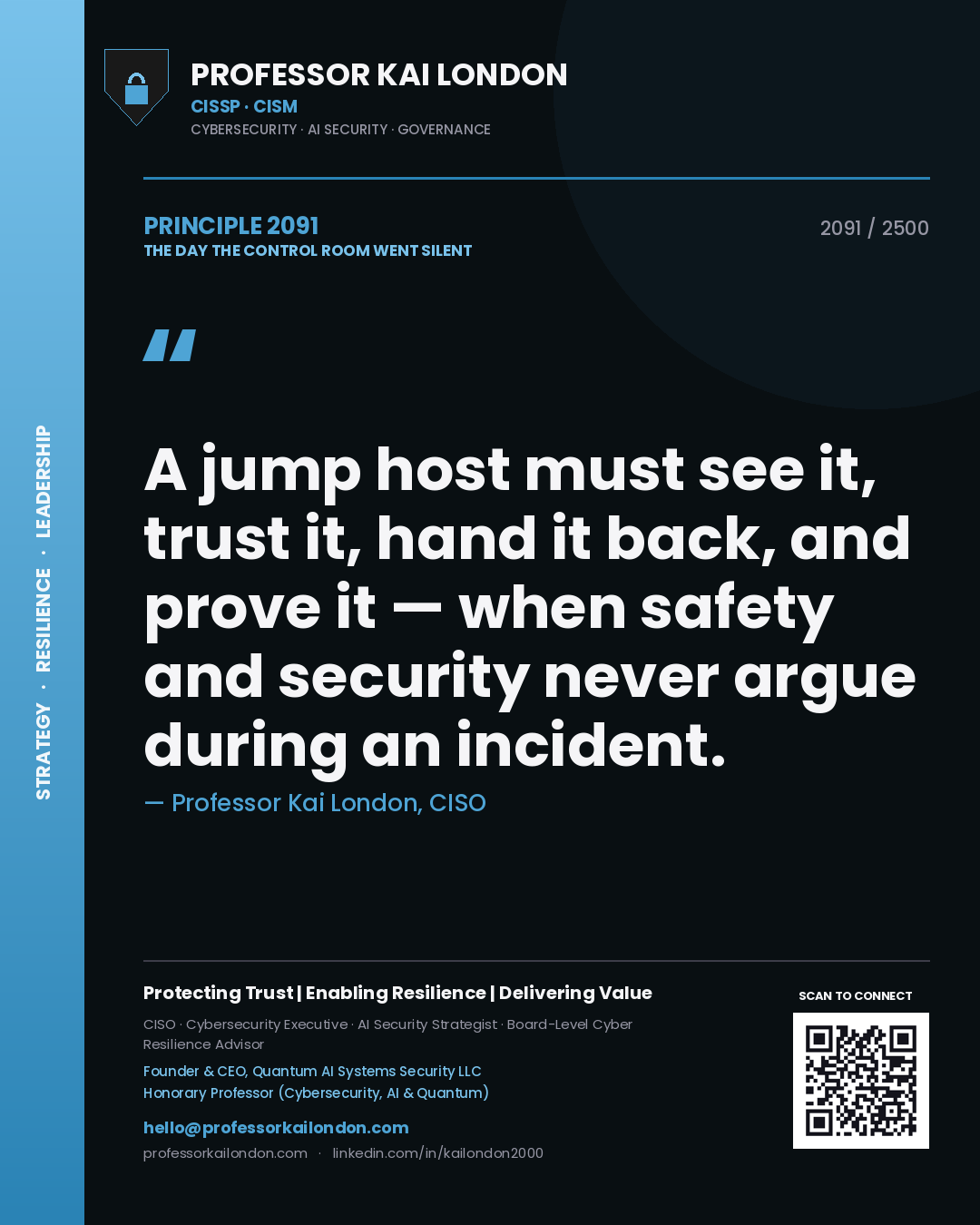 Professor Kai London principle 2091: A jump host must see it, trust it, hand it back, and prove it — when safety and security never argue during an incident.