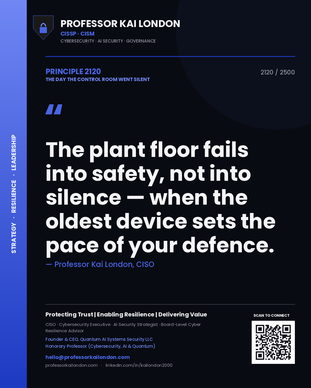 Professor Kai London principle 2120: The plant floor fails into safety, not into silence — when the oldest device sets the pace of your defence.