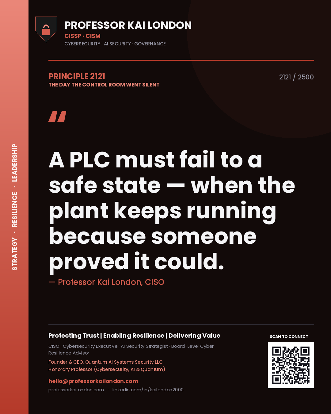 Professor Kai London principle 2121: A PLC must fail to a safe state — when the plant keeps running because someone proved it could.