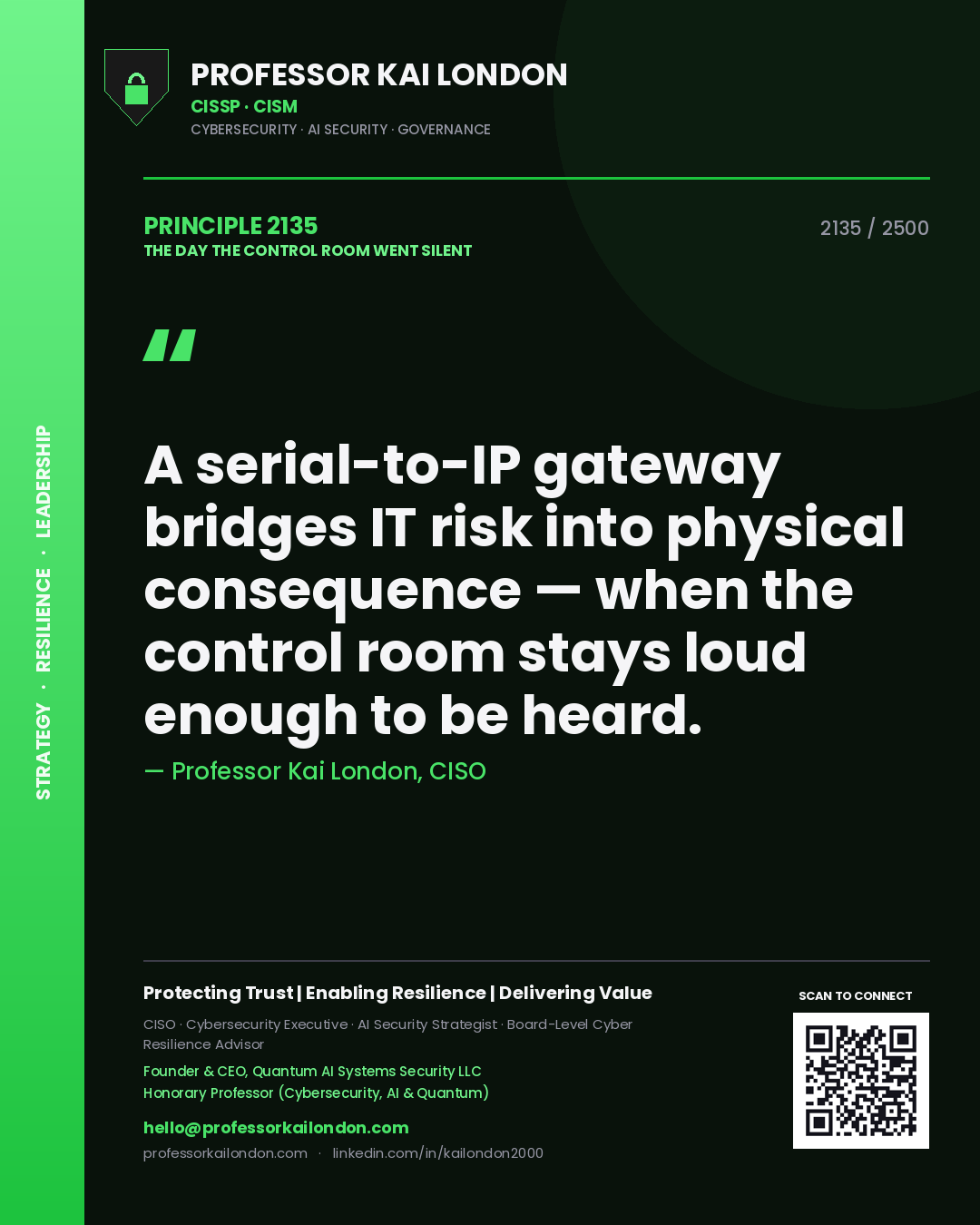 Professor Kai London principle 2135: A serial-to-IP gateway bridges IT risk into physical consequence — when the control room stays loud enough to be heard.
