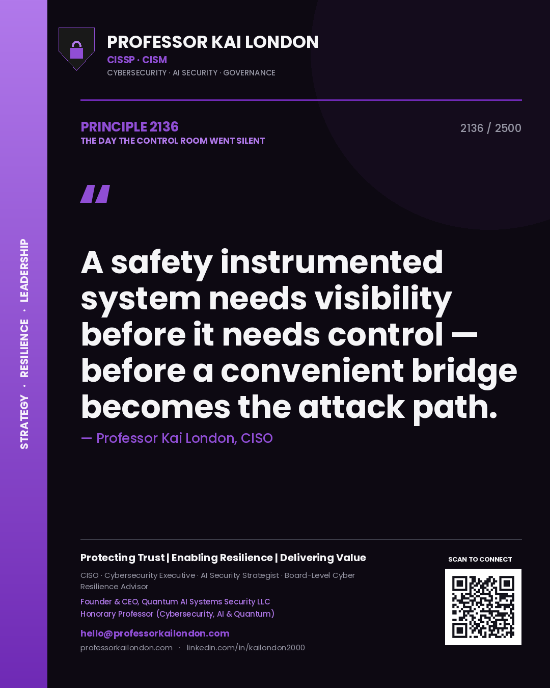 Professor Kai London principle 2136: A safety instrumented system needs visibility before it needs control — before a convenient bridge becomes the attack path.