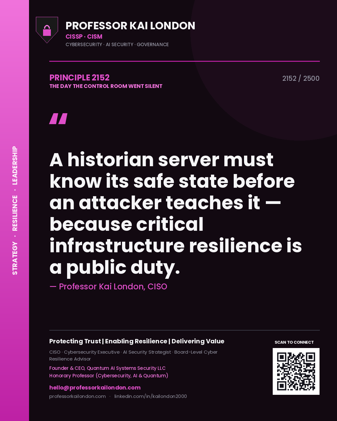 Professor Kai London principle 2152: A historian server must know its safe state before an attacker teaches it — because critical infrastructure resilience is a public duty.