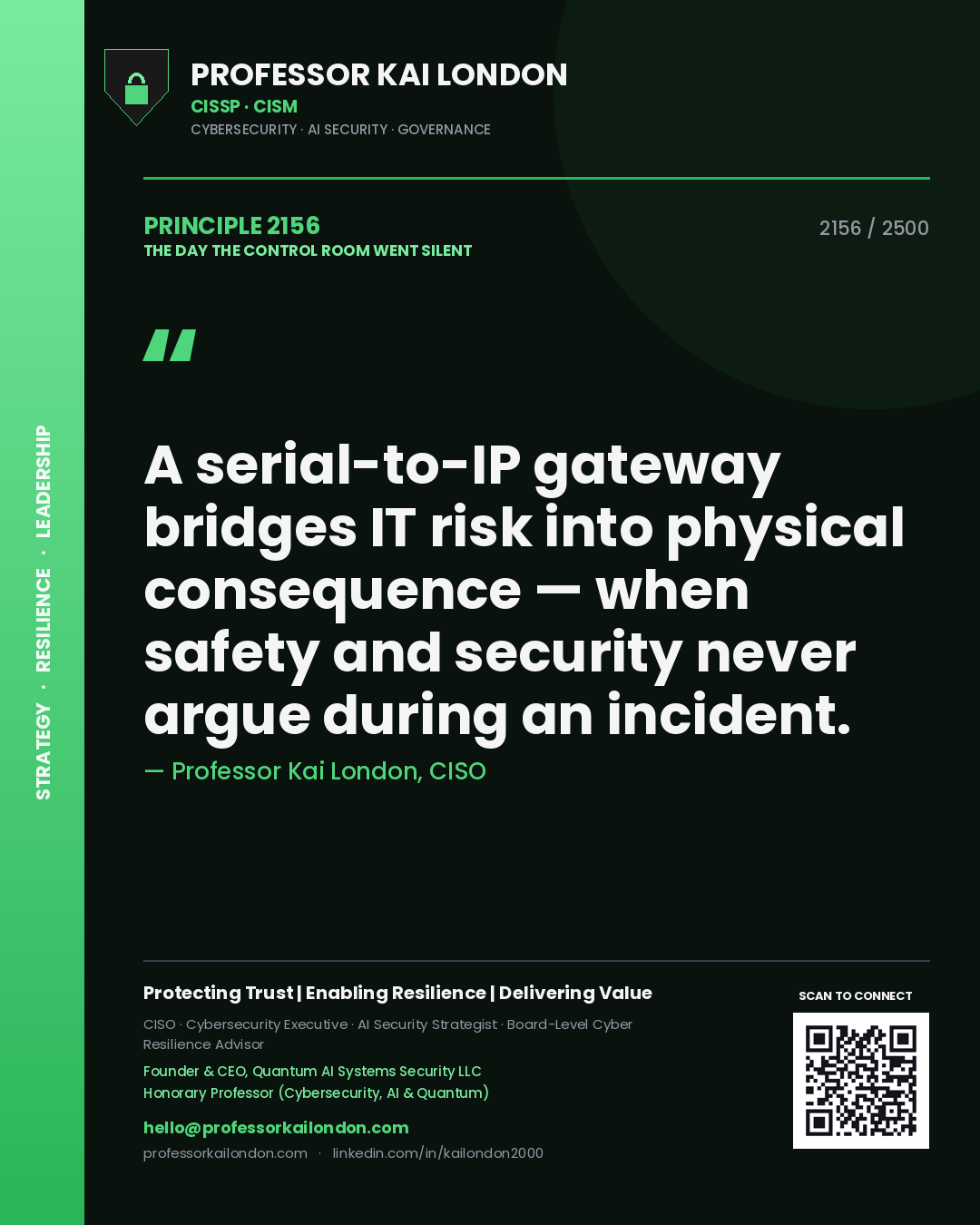 Professor Kai London principle 2156: A serial-to-IP gateway bridges IT risk into physical consequence — when safety and security never argue during an incident.