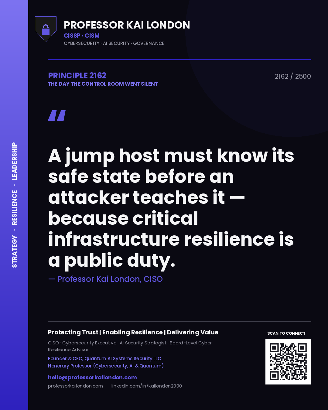 Professor Kai London principle 2162: A jump host must know its safe state before an attacker teaches it — because critical infrastructure resilience is a public duty.