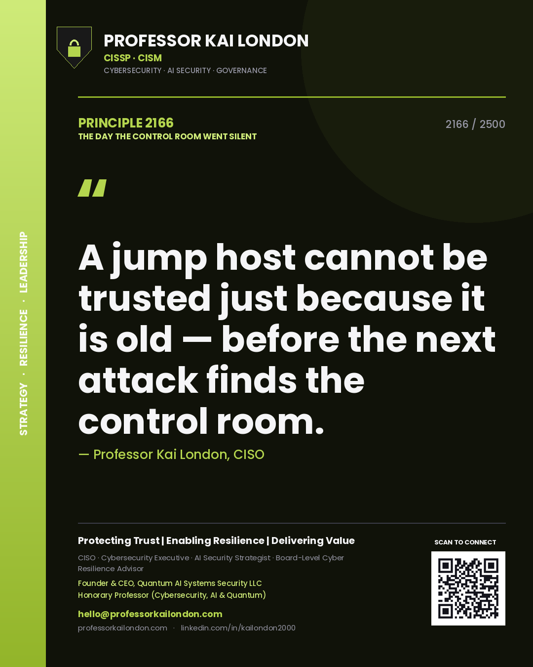 Professor Kai London principle 2166: A jump host cannot be trusted just because it is old — before the next attack finds the control room.