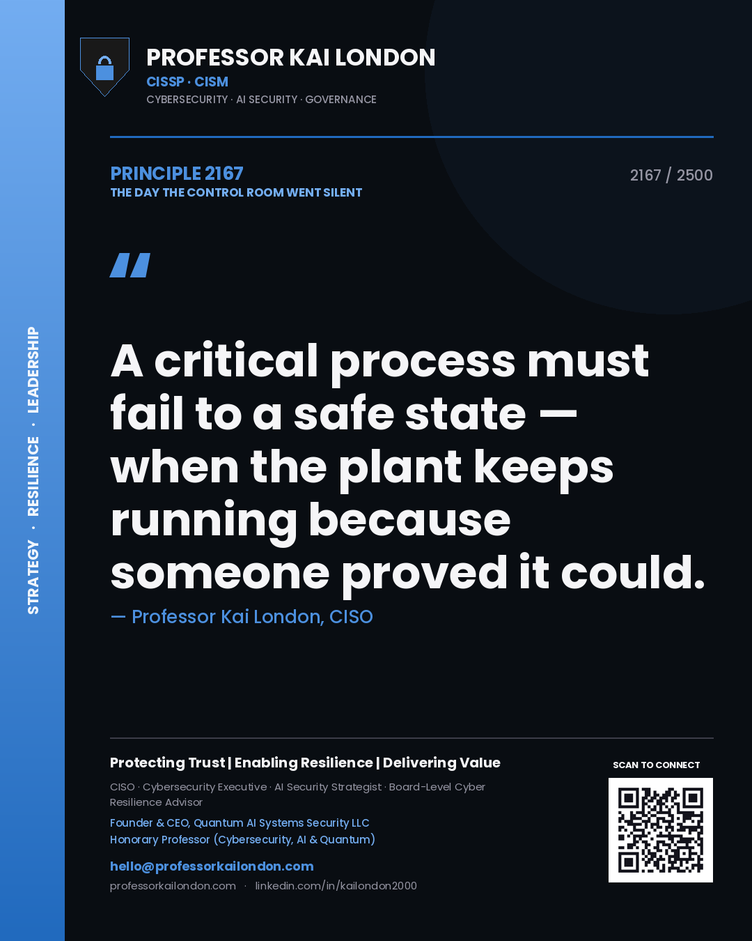 Professor Kai London principle 2167: A critical process must fail to a safe state — when the plant keeps running because someone proved it could.