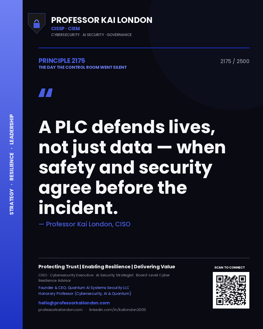 Professor Kai London principle 2175: A PLC defends lives, not just data — when safety and security agree before the incident.