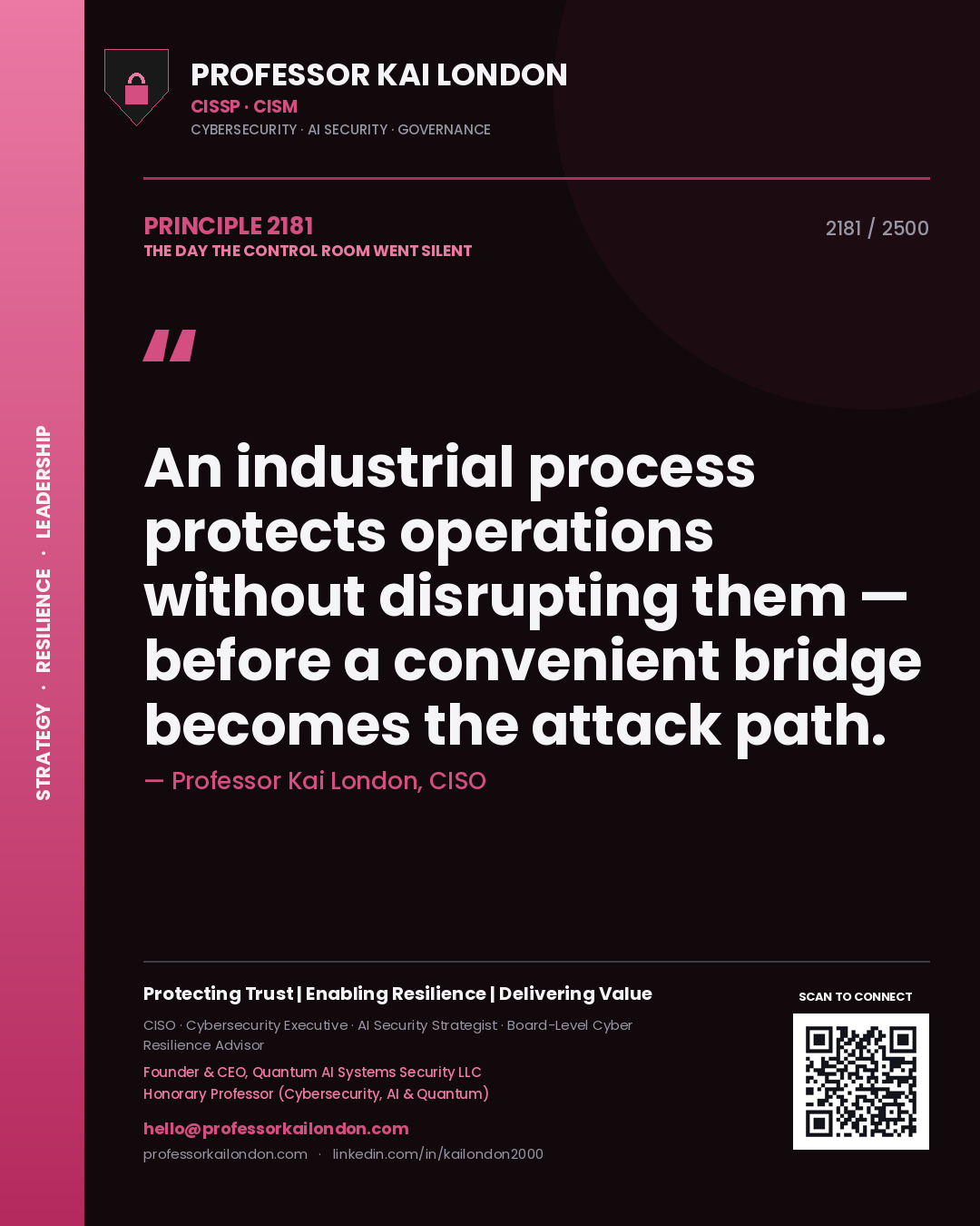 Professor Kai London principle 2181: An industrial process protects operations without disrupting them — before a convenient bridge becomes the attack path.