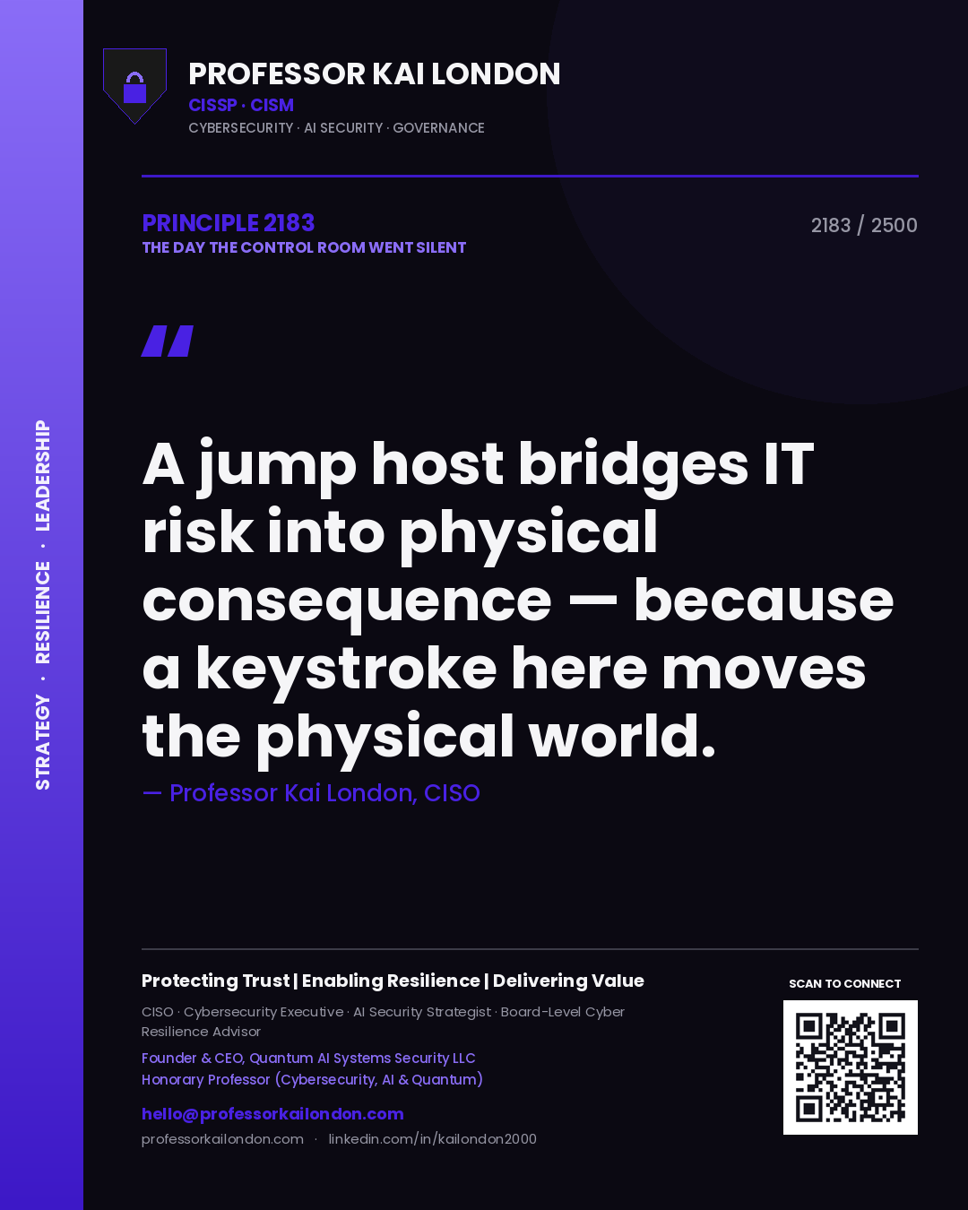 Professor Kai London principle 2183: A jump host bridges IT risk into physical consequence — because a keystroke here moves the physical world.
