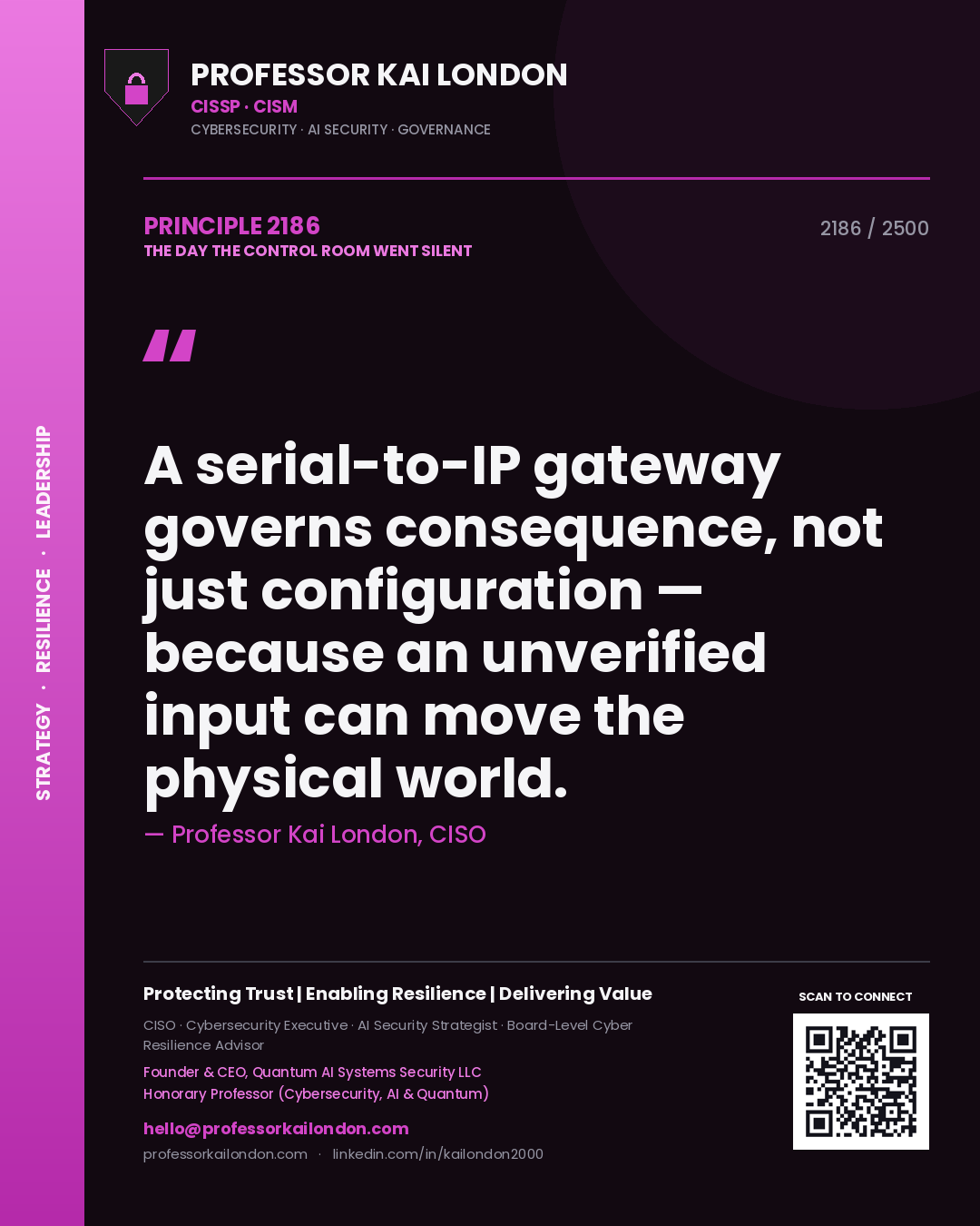 Professor Kai London principle 2186: A serial-to-IP gateway governs consequence, not just configuration — because an unverified input can move the physical world.