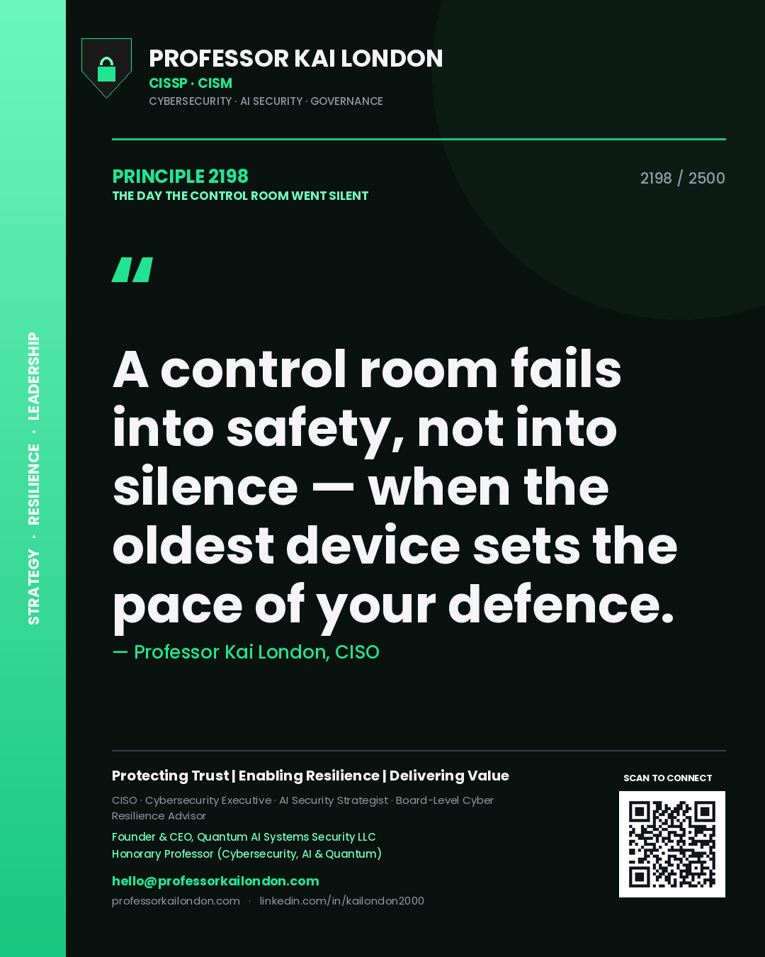 Professor Kai London principle 2198: A control room fails into safety, not into silence — when the oldest device sets the pace of your defence.