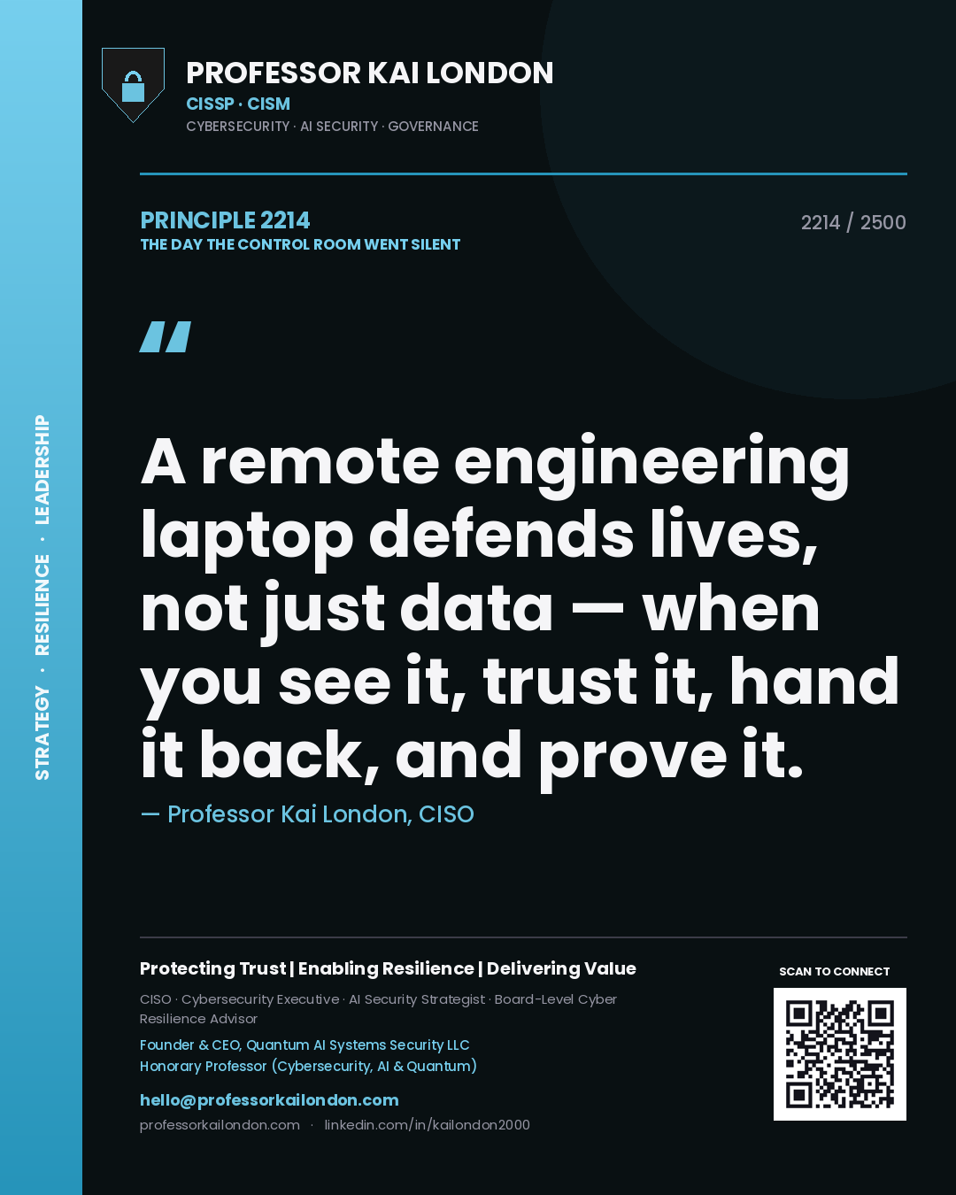 Professor Kai London principle 2214: A remote engineering laptop defends lives, not just data — when you see it, trust it, hand it back, and prove it.