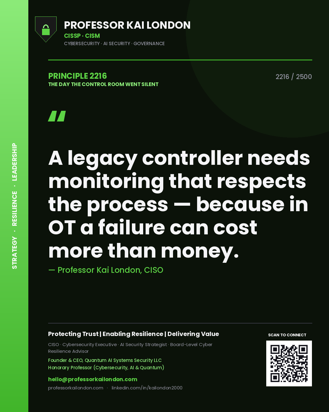 Professor Kai London principle 2216: A legacy controller needs monitoring that respects the process — because in OT a failure can cost more than money.