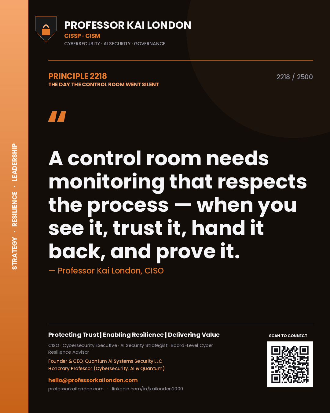 Professor Kai London principle 2218: A control room needs monitoring that respects the process — when you see it, trust it, hand it back, and prove it.